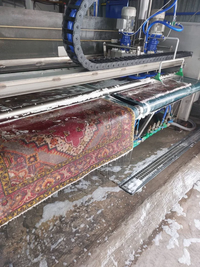 Χαλιά την ώρα του πλυσίματος στη γραμμή πλύσης
